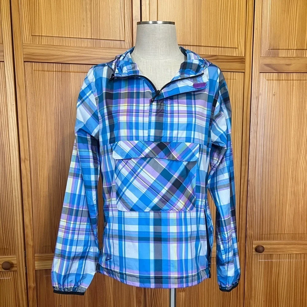 Nike Small Pullover Windbreaker Hooded Blue Plaid Lightweight